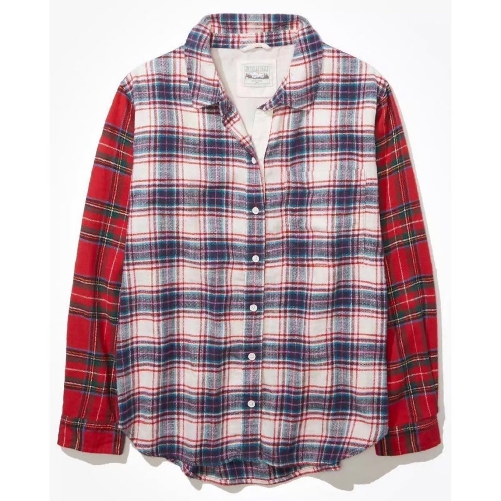 American Eagle Mixed Plaid Patchwork Flannel Shirt Small Grunge Cabincore Red
